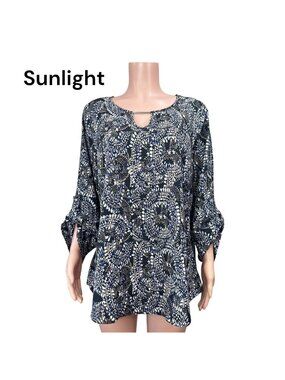 Larry Levine Women SZ 2X Tunic Blouse Black Abstract Print Roll Tap 3/4Sleeve   
